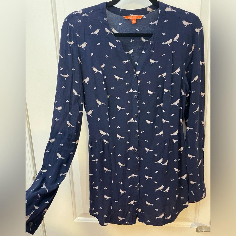 Modcloth Navy Blue Bird Print Long Sleeve Tunic